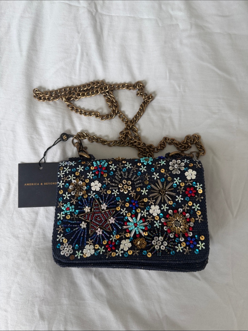 Navy Beaded Bag with Gold Chain